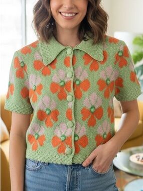 Industry Republic NWT Green Floral Knit Button-Front Cropped Sweater Top  Small